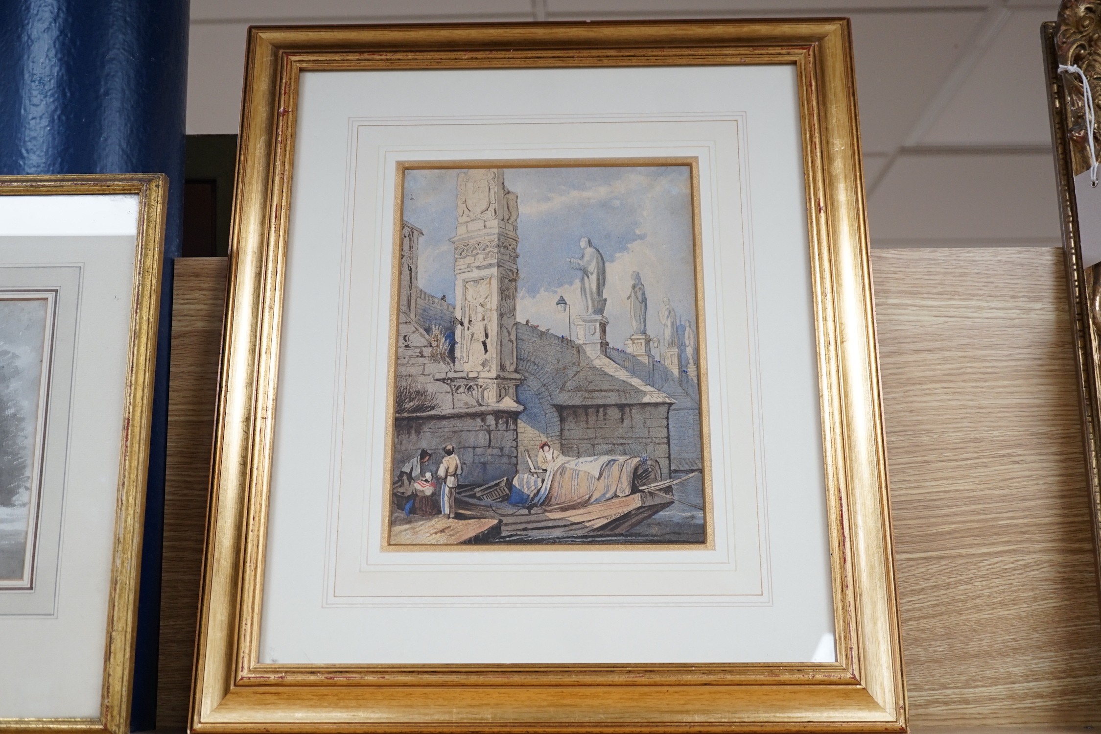 After Samuel Prout, two watercolours, Venetian canal scene and Charles Bridge, Prague, one initialled TF and dated '59, 26 x 19cm and 28 x 21cm